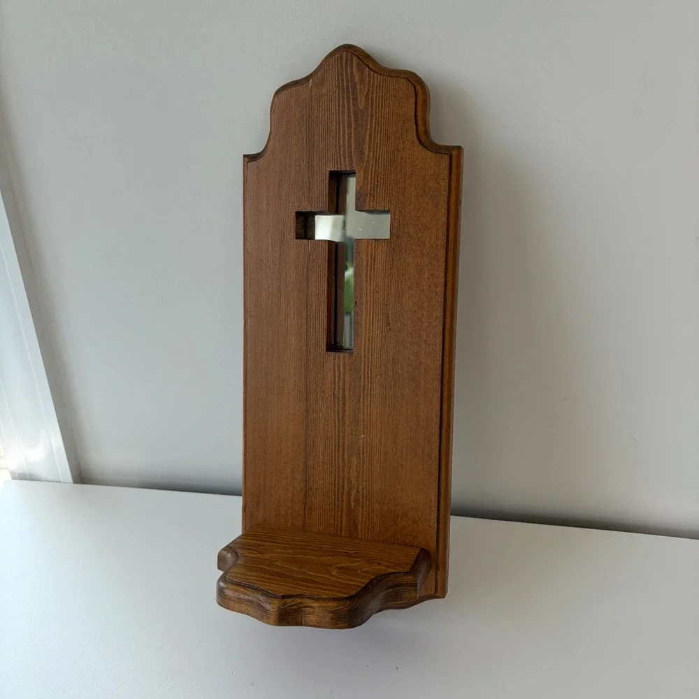 Vintage Wooden Wall Sconce Shelf Mirrored Cross Cutout Religious Decor 16 inch